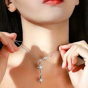 Sterling Silver Star Starburst North Star Zircon Minimalist Necklace